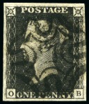 1840 1d Black OB with fine to very good margins, crisp black MC, with matching 1d red