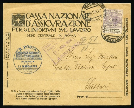 ITALY 1924 Postage Free Stamps: Envelope of ,Cassa Nazionale d'assicurazione per gli'infortuni sul lavoro' franked 50C violet postage free adhesive 