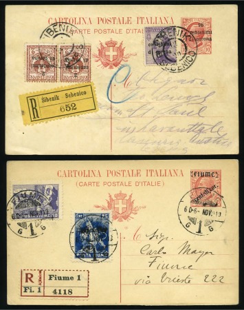 ITALY 1919-1920 Small lot of stationery: 10C stationery card surcharged  10cent.di corona for Trento & Trieste with addit. franking + same card with ovpt for Fiume