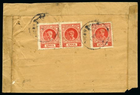 1939-46 1/2a vermilion pair and single on reverse of cover, fine and rare, ex F. Staal