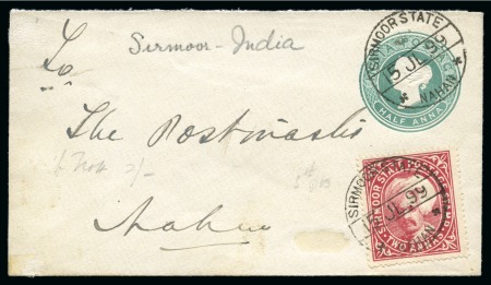 1885-96 2a carmine, neatly tied on India 1/2a green, stationery envelope, by SIRMOOR STATE/15.JL.99 cd