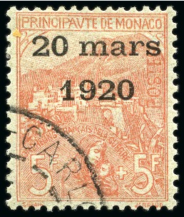 Stamp of Colonies françaises » Monaco 1920 Mariage princier 5F +5F rose sur verdâtre obl.
