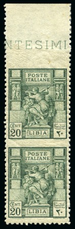 1926-29  Libyan Sibyl issue: 20c green, mint nh top marginal pair imperf. between, hinge in margin only, fresh, very fine & scarce (Sass. €4'000)