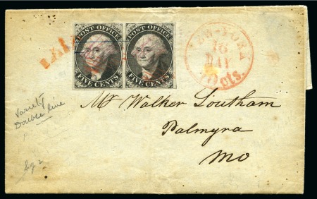 Stamp of United States » Postmasters' Provisionals 1845 5c black in pair tied by red PAID postmark to cover from New York to Palmyra, very fine