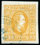 ROMANIA 1865 Small group of 2Par in 3 different shades, hinged and a used example in orange