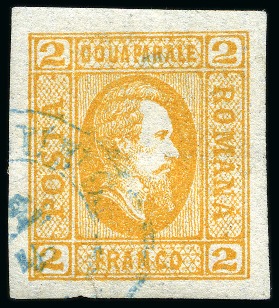 ROMANIA 1865 Small group of 2Par in 3 different shades, hinged and a used example in orange