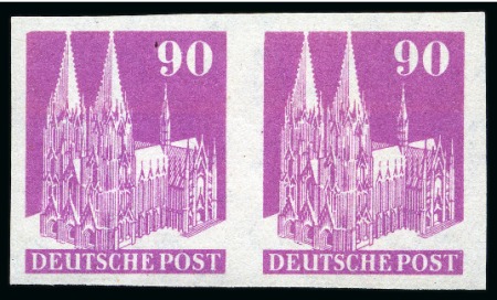 GERMANY Bizone Cologne Cathedral 90Pf imperforate, vertical & horizontal imperf, all in pairs