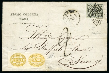 1852, 2 b. verde oliva, su lettera del 2 febbraio 1867 da Roma per Narni, tassata in arrivo con Italia 1863 segnatasse 10 c. ocra in coppia
