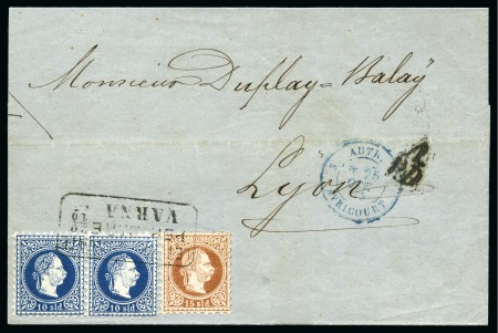 Stamp of Austria » Austrian Levant 1875 Wrapper to France with 10s pair and 15s tied by Varna boxed ds