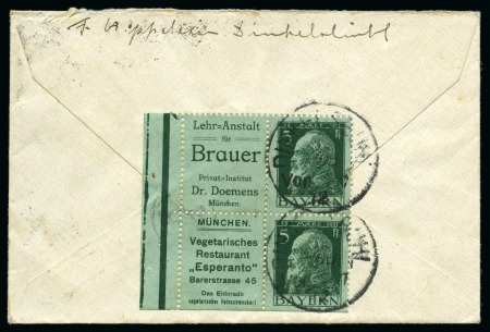 GERMANY - BAVARIA 1912:  5Pf Luitpold green with se-tenant label Brewers school + Esperanto restaurant on back of cover