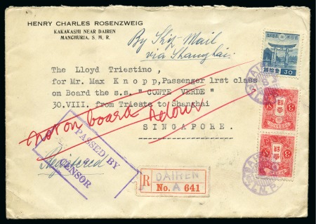 CHINA - JAPAN - MANCHUKUO 1939 Registered censored cover DAIREN ---> SINGAPORE