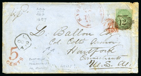 Stamp of United States 1857 Envelope from Great Britain sent to "Col. Colts' Armory", the famous gun manufacturer