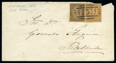 Stamp of Guatemala 1871 1c brownish yellow and 5c brown, neatly stuck by superb oval numeral "5" of Sololá