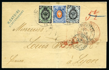 RUSSIA 1868-1875 Issue 5k + 20k + 1866 Issue 3k on cover