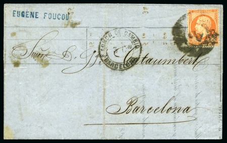 SPAIN 1863 Folded lettersheet from France with 40C bearing on arrival Spanish numeral postmark '2'