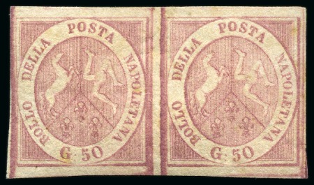 Stamp of Italian States » Naples 1858 50gr. rose brown, mint horizontal pair, good to very large margins, showing superb gum, colour and impression, a stunning showpiece (Sass. €52'000+), cert. Enzo Diena (1991)