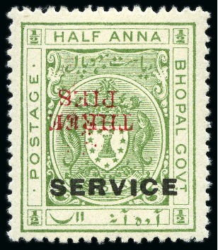 Stamp of Indian States » Bhopal 1935-36 3p on 1/4a yellow-green, mint nh, showing red surcharge inverted