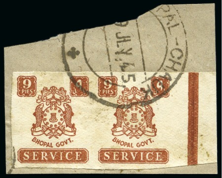 Stamp of Indian States » Bhopal 1944-49 9p chestnut imperf. marginal horizontal pair tied to small fragment