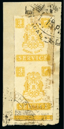 1944-49 3a yellow imperf. marginal vertical pair tied to small fragment