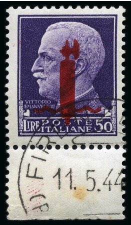 1944 50L Violet with carmine overprint, lower marginal with CTO cds