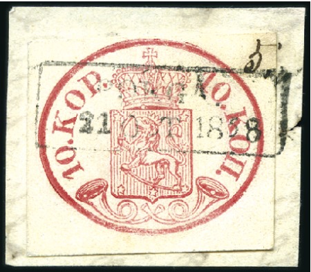 Stamp of Finland 1856-58 10k Carmine-red on narrow-laid paper, used on small fragment