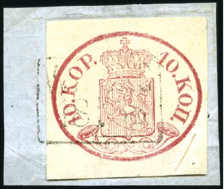 Stamp of Finland 10k Carmine-red on narrow-laid paper, tied to piece by high boxed sans-serif Wiborg ds
