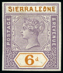 1896-97 6d Dull Mauve & Orange, imperf essay with country name is hand painted in orange