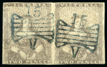 Stamp of Australia » Victoria 1850-53 2d Grey-lilac pair, pos. 13-14, with neat butterfly "15" cancels in blue of Geelong