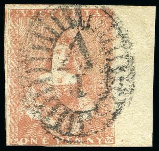 Stamp of Australia » Victoria 1d Brownish Red, pos. 6, with sheet margin at right, cancelled by barred oval "1" 