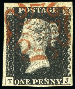 1840 1d Black pl.5 TJ with good to huge margins, neat red MC,