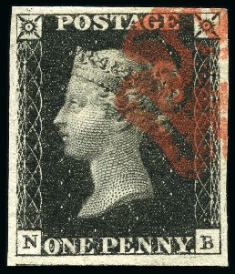 1840 1d Black pl.5 NB with very good to very large margins, red MC