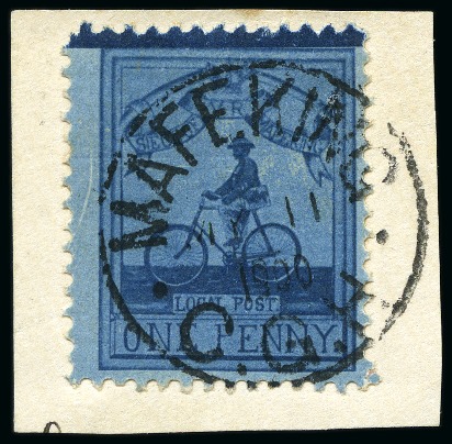 1900 1d Major Goodyear on Bicycle deep blue on blue, top marginal tied on piece