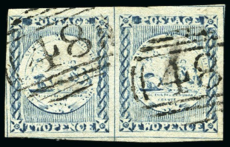 Stamp of Australia » New South Wales 1850 2d Dull Blue pl.1 late impression pair, with good to huge margins, neat "48" numeral of Tarcutta