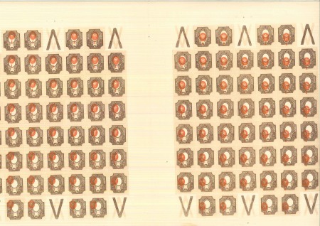 RUSSIA 1917 1R imperforate, 2 complete double sheets with shifted colour and gutters