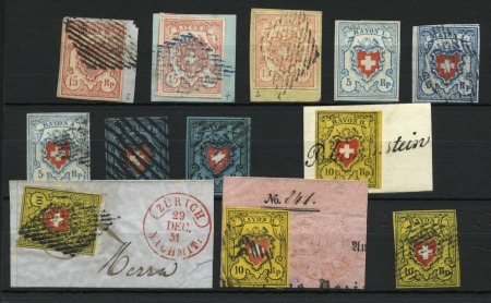 Stamp of Switzerland / Schweiz » Sammlungen SWITZERLAND - SCHWEIZ 1850-1852 Partie Rayon I bis III, dabei Randstueck, etc.