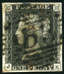 1840 1d Black pl.11 JK with fine to good margins, with Irish "153" 1844-type numeral