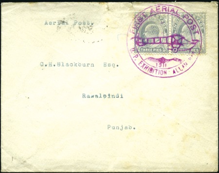 Stamp of India » Airmails 1911 Allahabad First Aerial Post envelope with KEVII 3p pair