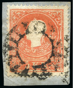 Stamp of Austria » 1859 Issue AUSTRIA 1859 5Kr red tied to fragment by mute cancel of PESTH
