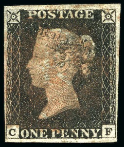 1840 1d Black pl.2 CF with close to good margins, smudgy red MC