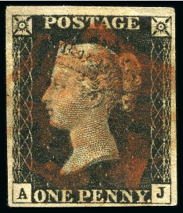 Stamp of Great Britain » 1840 1d Black and 1d Red plates 1a to 11 1840 1d Black pl.4 AJ with fine to large margins, red MC