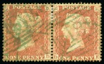 1854 Large Crown wmk 1d red-brown pl.5 perf.16 pair with GREEN cancels