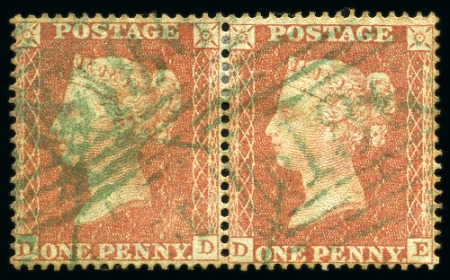 Stamp of Great Britain » 1854-70 Perforated Line Engraved 1854 Large Crown wmk 1d red-brown pl.5 perf.16 pair with GREEN cancels