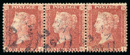 Stamp of Great Britain » 1854-70 Perforated Line Engraved 1854 Large Crown wmk 1d red-brown pl.46 strip of three with blue cds
