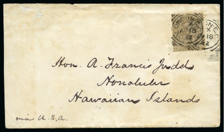 18802 (Jan 18) Envelope from London to HAWAII with 1880 4d grey-brown pl.17