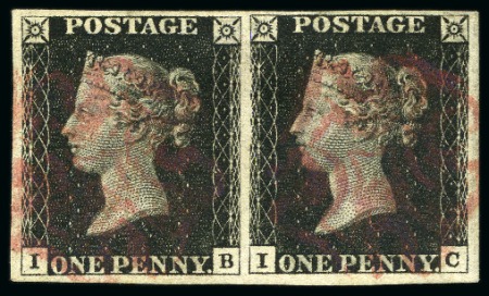 1840 1d Black pl.6 IB-IC pair with good to large margins with MAGENTA MCs