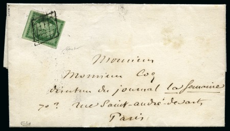 Stamp of France 1849 15c vert, filets intacts, oblitéré losange sur