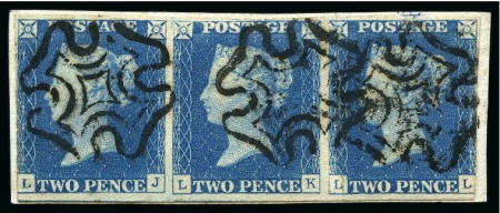 1840 2d Blue pl.1 LJ-LL strip of three on small piece
