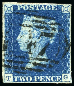 Stamp of Great Britain » 1840 2d Blue (ordered by plate number) 1840 2d Blue pl.2 TG with "447" 1844-type numeral of Leeds