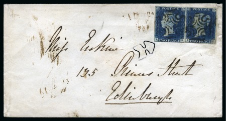 1840 2d Blue pl.1 AB-BC pair on 1841 (Feb 18) envelope to Edinburgh