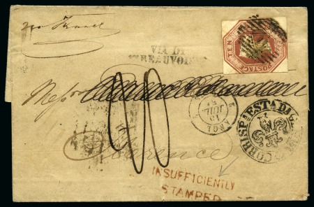 1847-54 10d Brown embossed, 3 margins, tied to 1851 wrapper to Italy